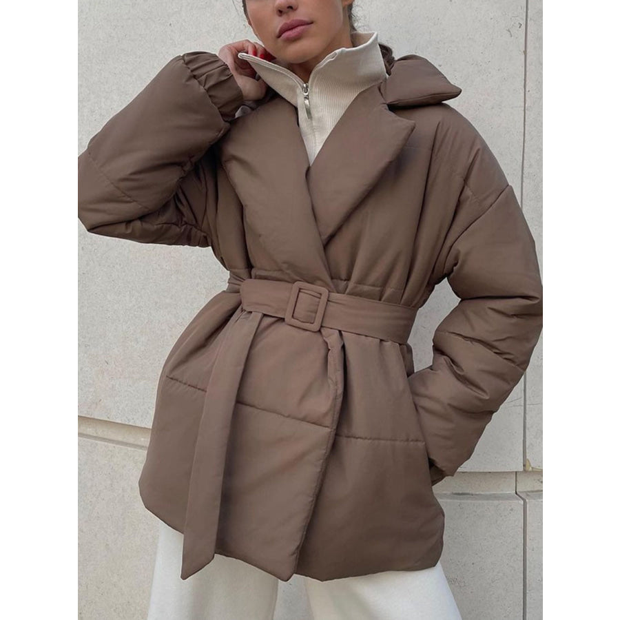 Puffer Long Sleeve Winter Coat with Belt Taupe / S Apparel and Accessories