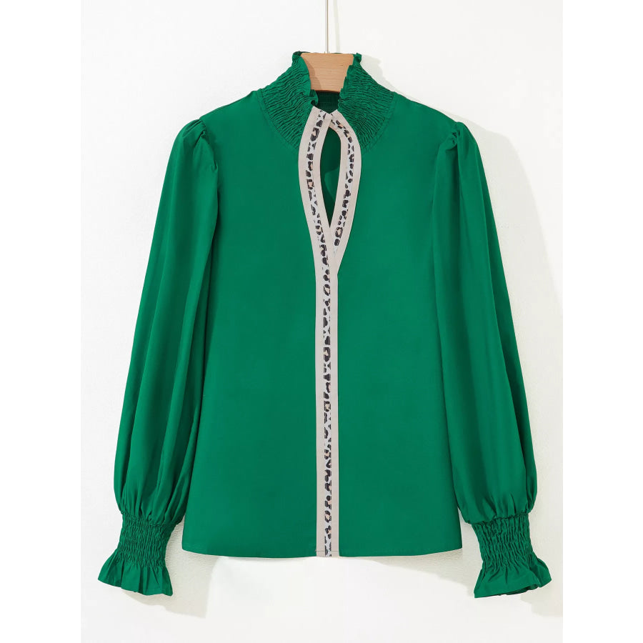 Puffy Flounce Sleeve Leopard Trim V Neck Blouse Apparel and Accessories