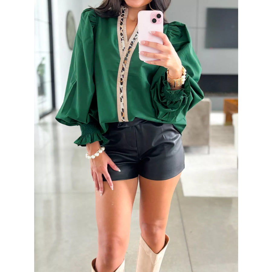 Puffy Flounce Sleeve Leopard Trim V Neck Blouse Apparel and Accessories