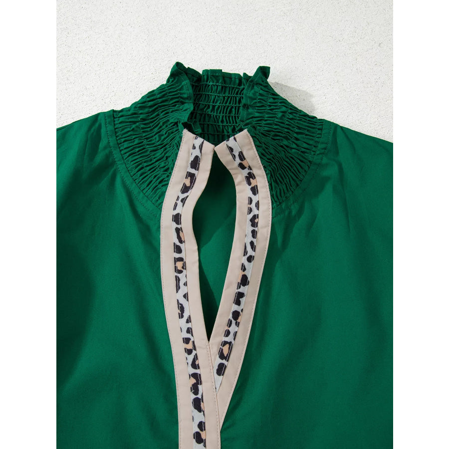 Puffy Flounce Sleeve Leopard Trim V Neck Blouse Apparel and Accessories