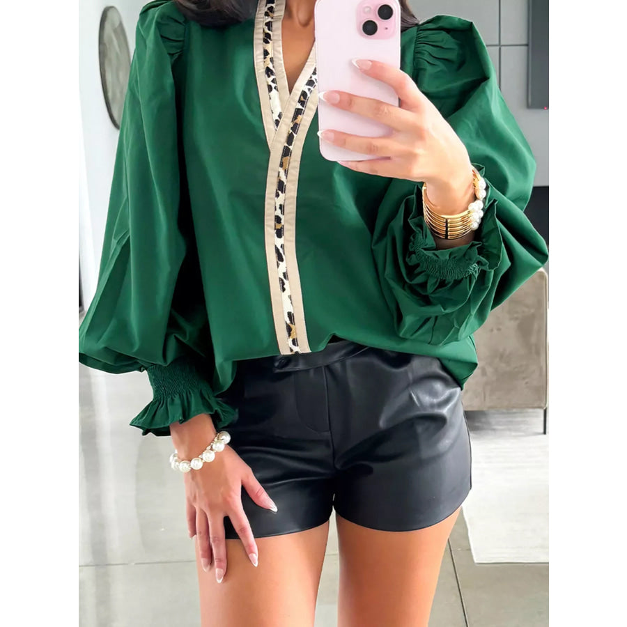 Puffy Flounce Sleeve Leopard Trim V Neck Blouse Dark Green / S Apparel and Accessories