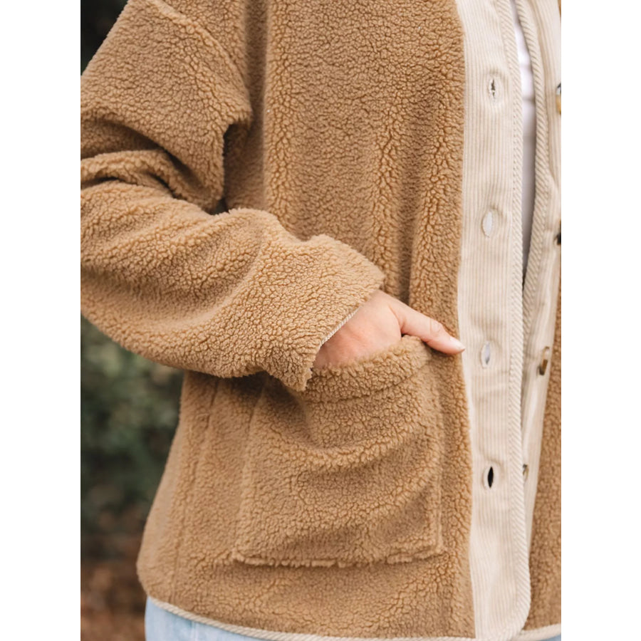 Puffy Plush Corduroy Edge Patchwork Jacket with Pockets Apparel and Accessories
