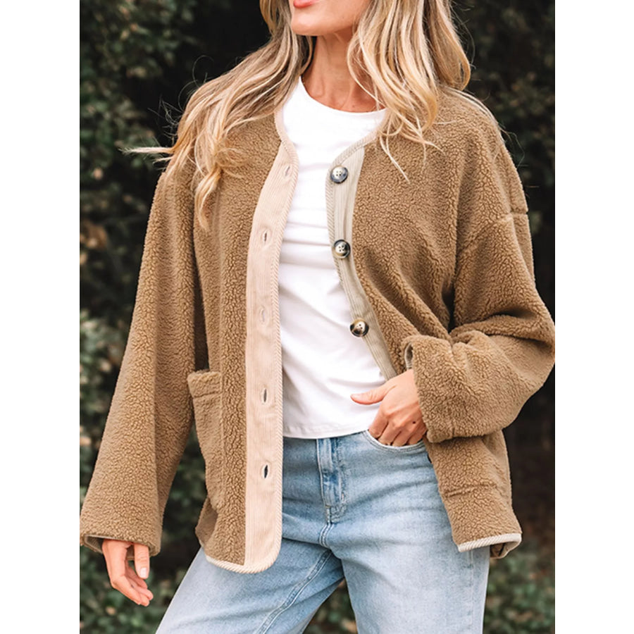 Puffy Plush Corduroy Edge Patchwork Jacket with Pockets Apparel and Accessories