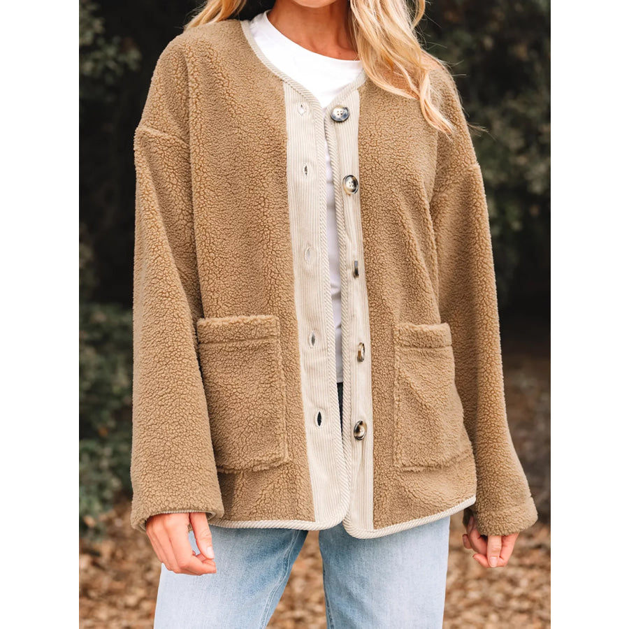 Puffy Plush Corduroy Edge Patchwork Jacket with Pockets Apparel and Accessories