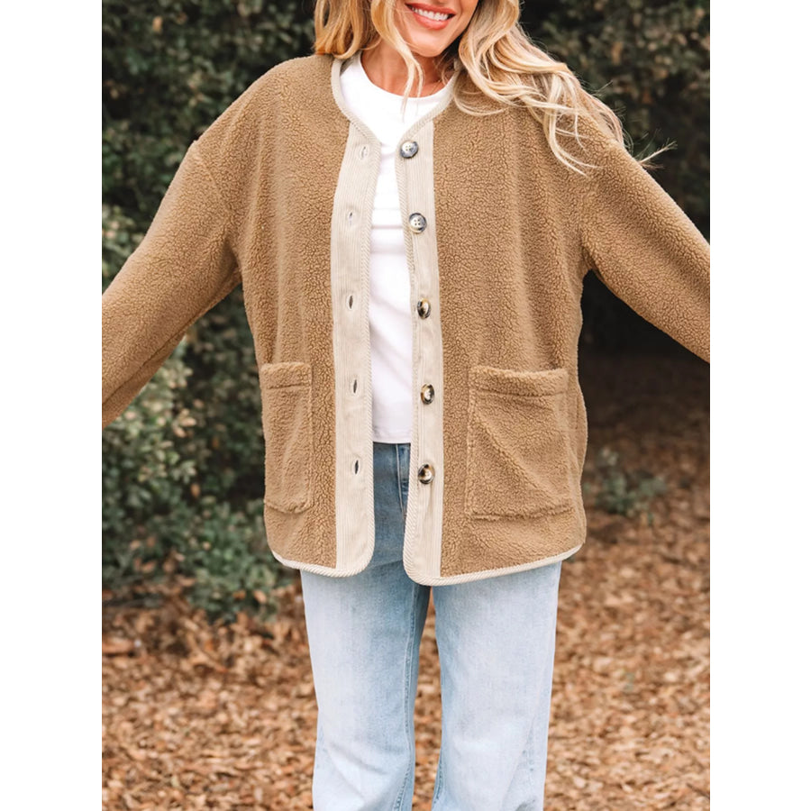 Puffy Plush Corduroy Edge Patchwork Jacket with Pockets Apparel and Accessories