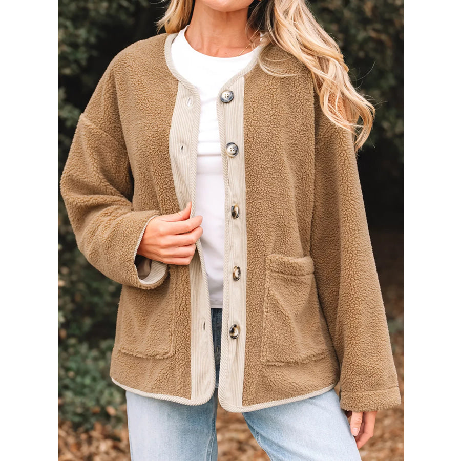Puffy Plush Corduroy Edge Patchwork Jacket with Pockets Camel / S Apparel and Accessories