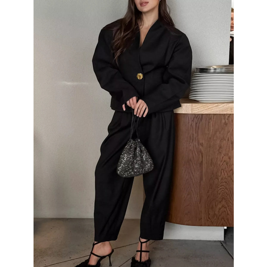 Puffy Sleeve Blazer and Wide-Leg Pants Set Apparel and Accessories