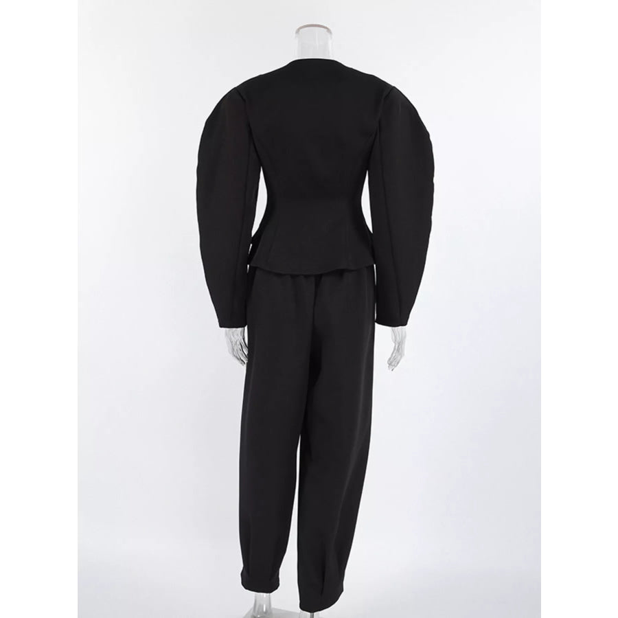 Puffy Sleeve Blazer and Wide-Leg Pants Set Apparel and Accessories