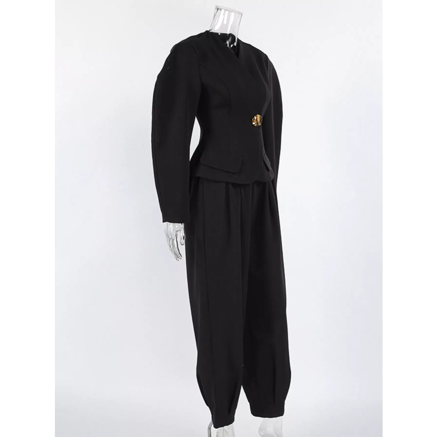 Puffy Sleeve Blazer and Wide-Leg Pants Set Apparel and Accessories