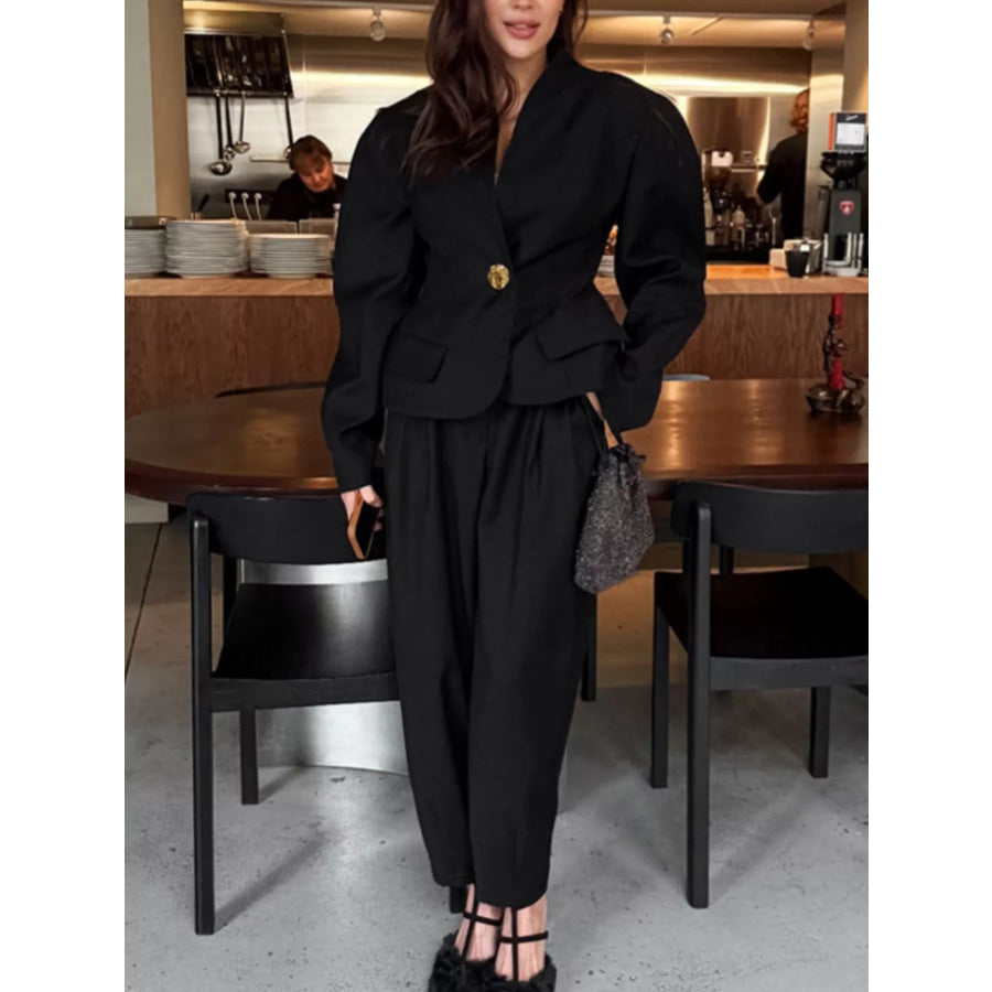 Puffy Sleeve Blazer and Wide-Leg Pants Set Apparel and Accessories