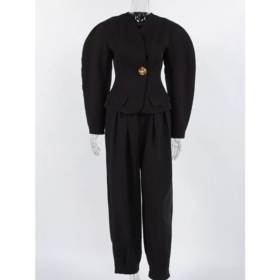 Puffy Sleeve Blazer and Wide-Leg Pants Set Apparel and Accessories