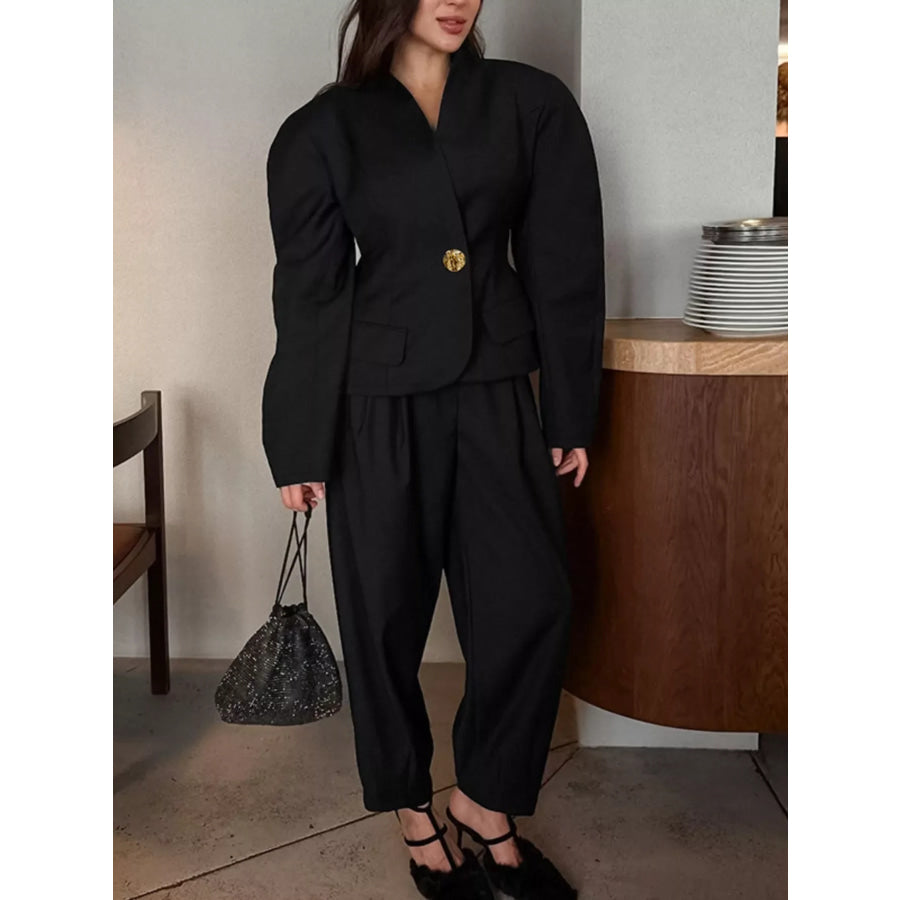 Puffy Sleeve Blazer and Wide-Leg Pants Set Black / S Apparel and Accessories