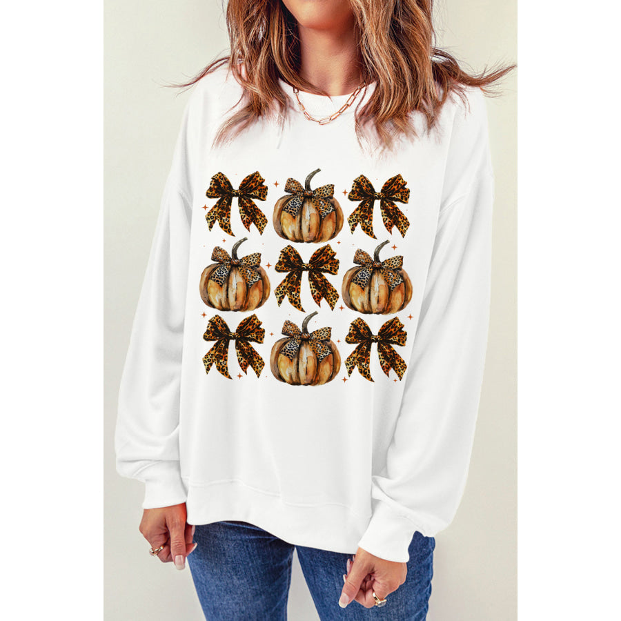 Pumpkin &amp; Bow Graphic Long Sleeve Sweatshirt White / S Apparel and Accessories