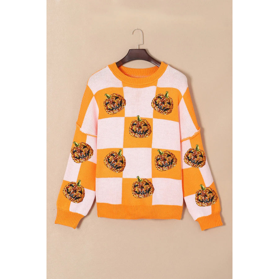 Pumpkin Checkered Round Neck Long Sleeve Sweater Apparel and Accessories