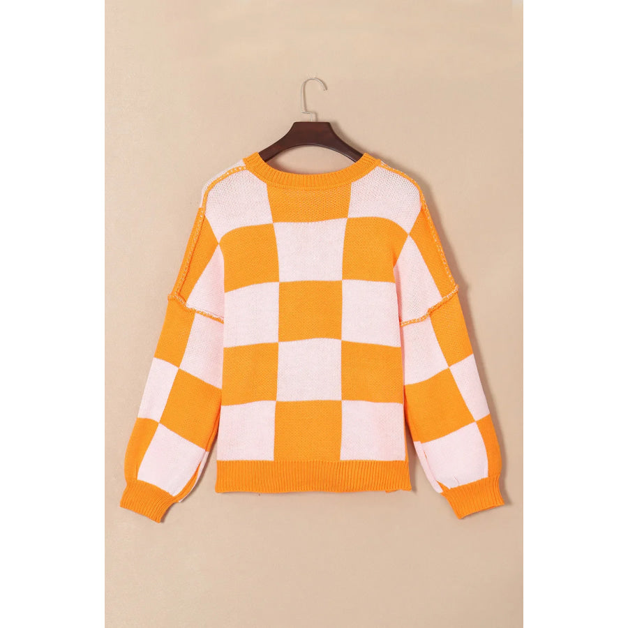 Pumpkin Checkered Round Neck Long Sleeve Sweater Apparel and Accessories