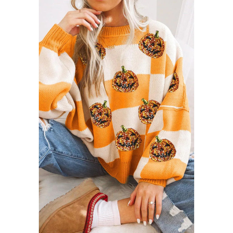 Pumpkin Checkered Round Neck Long Sleeve Sweater Tangerine / S Apparel and Accessories