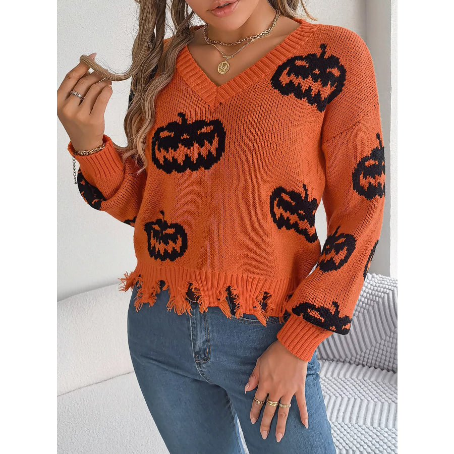 Pumpkin Distressed Hem Sweater Apparel and Accessories