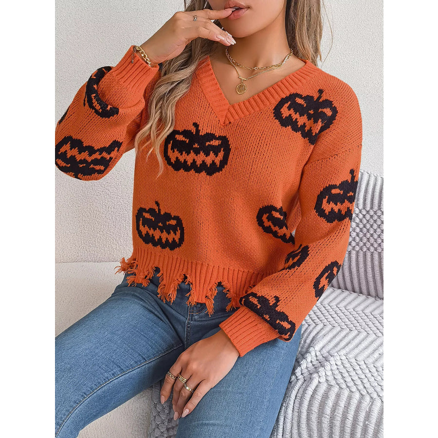 Pumpkin Distressed Hem Sweater Apparel and Accessories