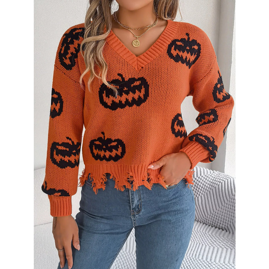 Pumpkin Distressed Hem Sweater Apparel and Accessories