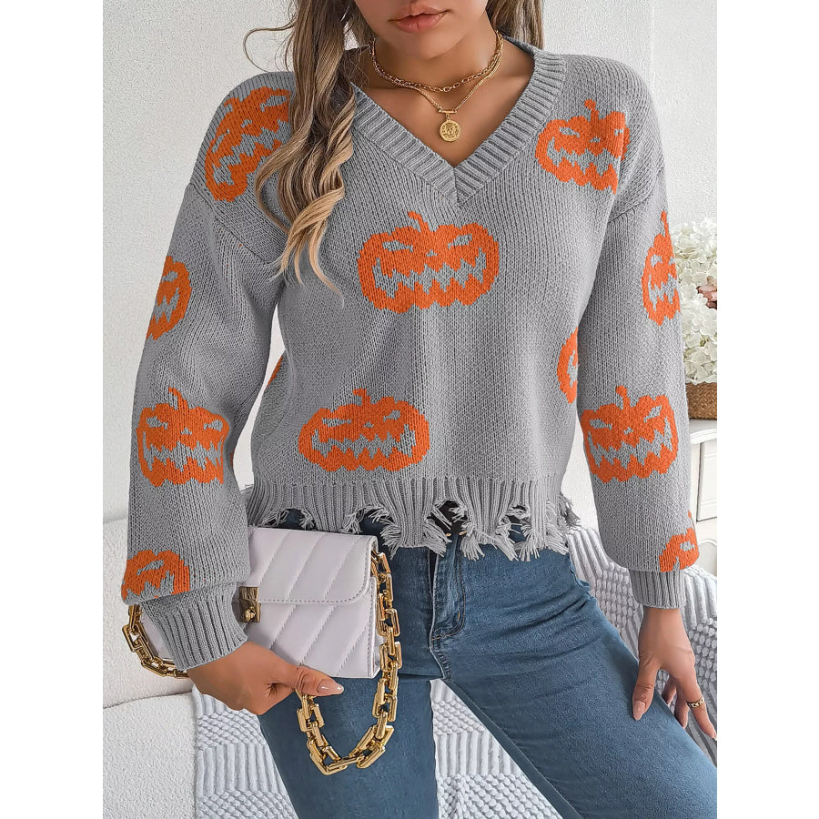 Pumpkin Distressed Hem Sweater Gray / S Apparel and Accessories