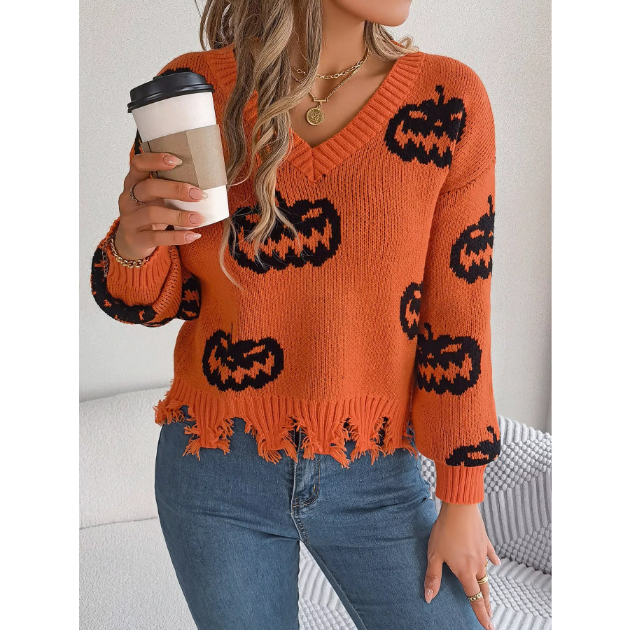 Pumpkin Distressed Hem Sweater Orange / S Apparel and Accessories