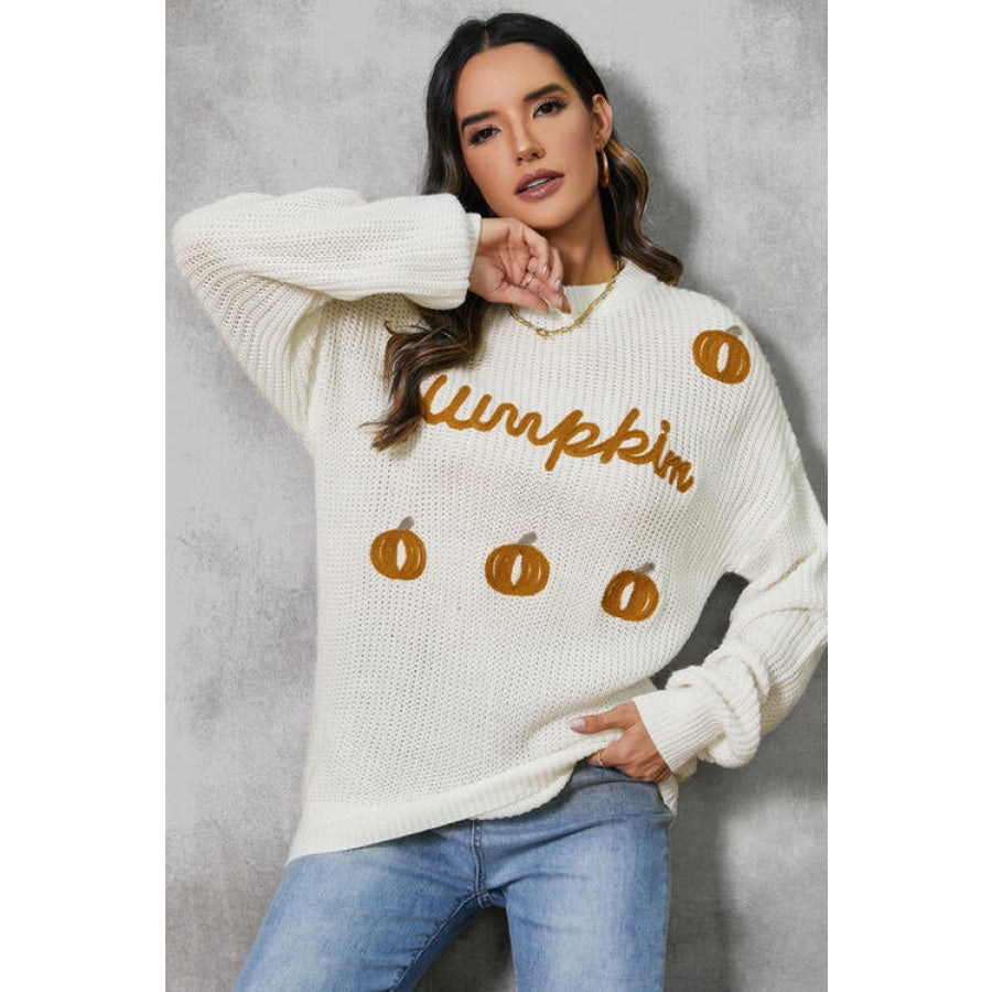 Pumpkin Embroidery Long Sleeve Sweater Clothing