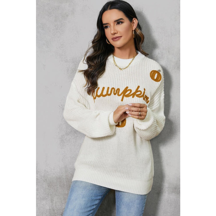 Pumpkin Embroidery Long Sleeve Sweater Clothing