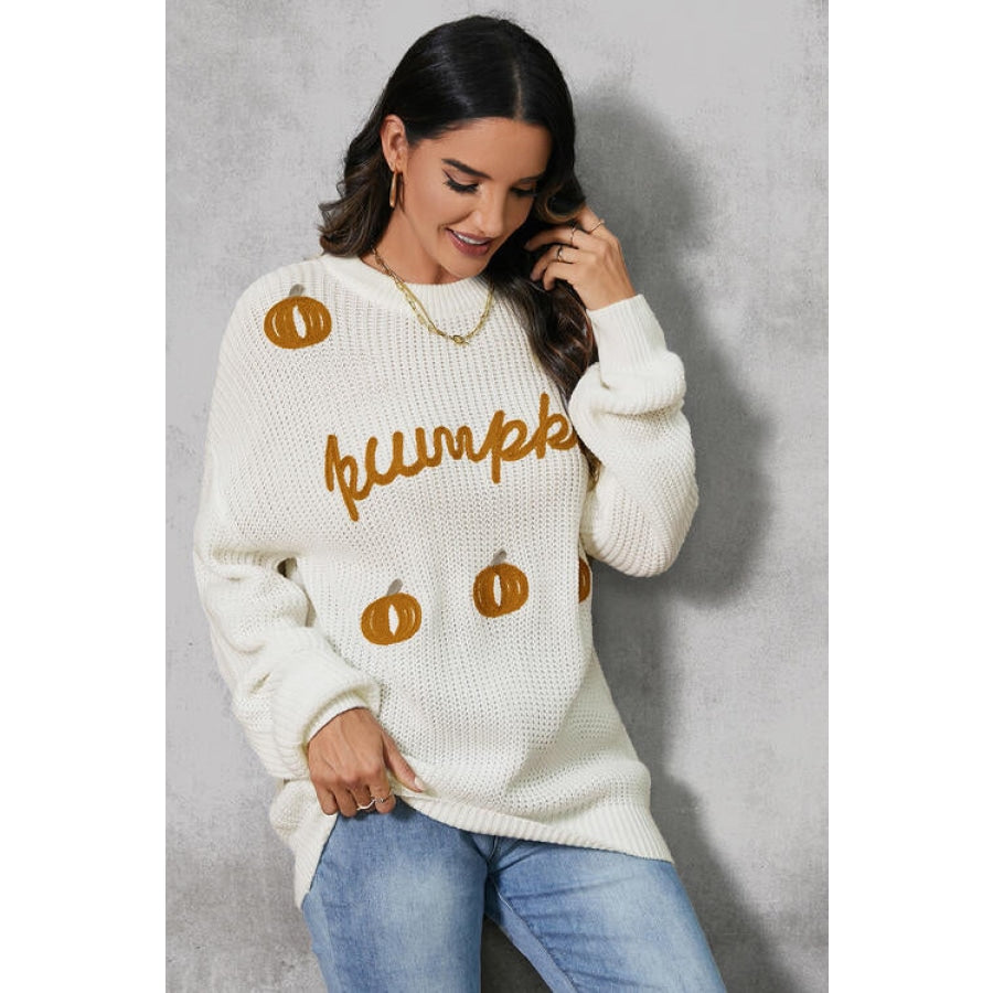 Pumpkin Embroidery Long Sleeve Sweater Clothing