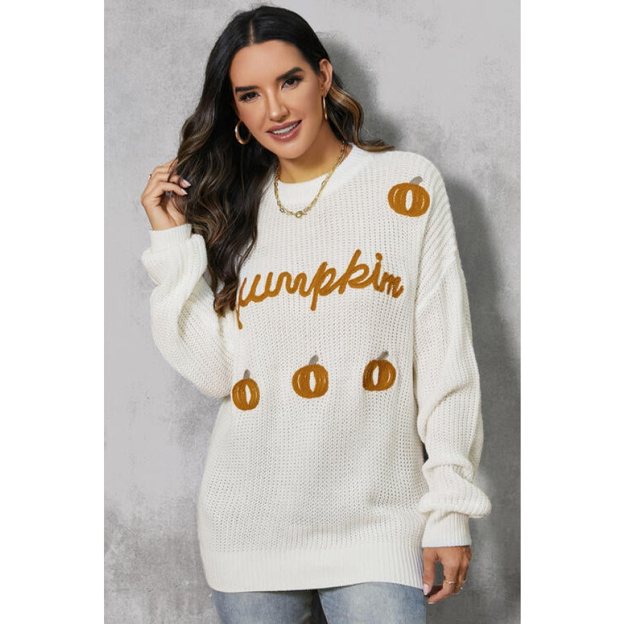 Pumpkin Embroidery Long Sleeve Sweater White / S Clothing