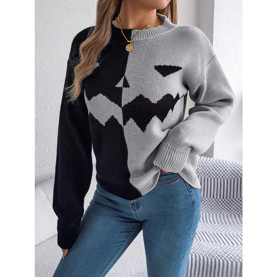 Pumpkin Face Graphic Two Tone Sweater Apparel and Accessories