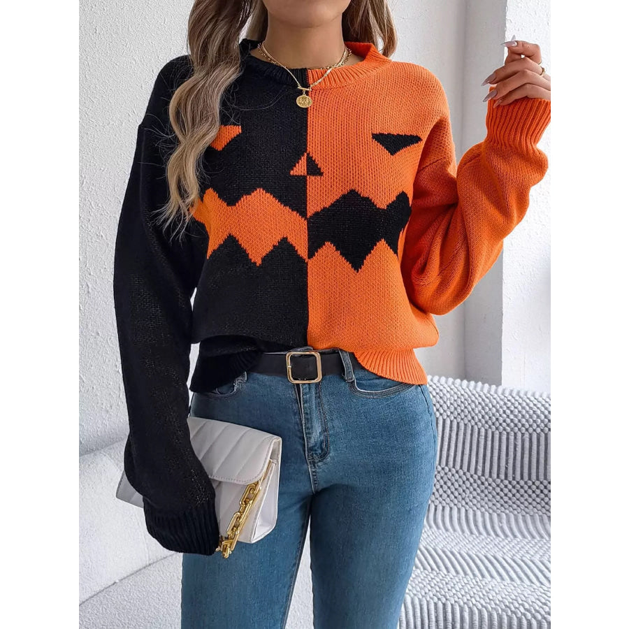 Pumpkin Face Graphic Two Tone Sweater Apparel and Accessories