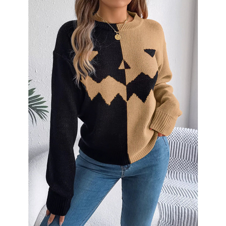 Pumpkin Face Graphic Two Tone Sweater Apparel and Accessories