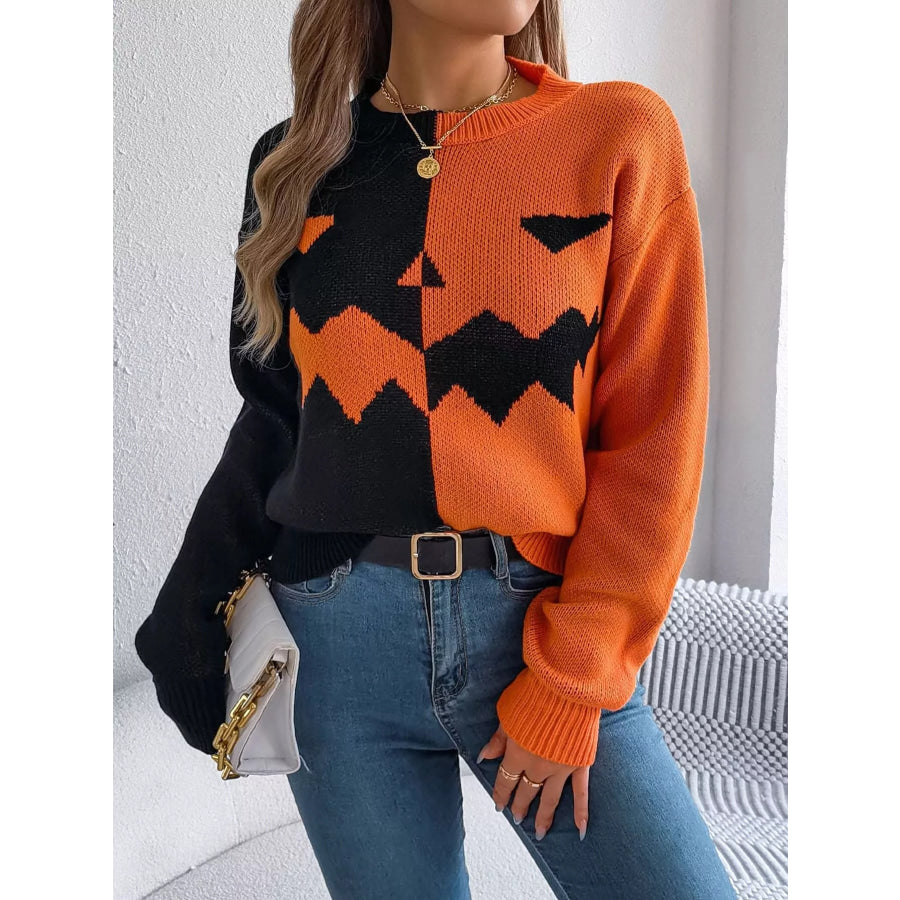 Pumpkin Face Graphic Two Tone Sweater Apparel and Accessories