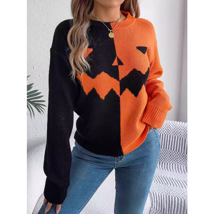 Pumpkin Face Graphic Two Tone Sweater Apparel and Accessories