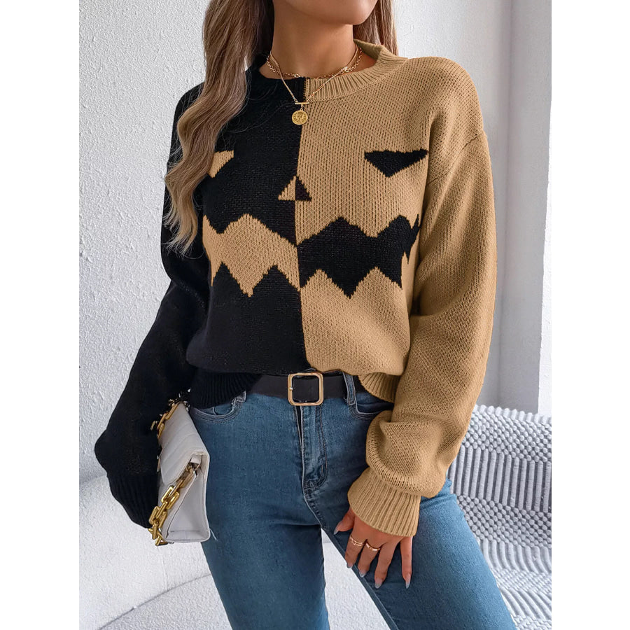 Pumpkin Face Graphic Two Tone Sweater Apparel and Accessories