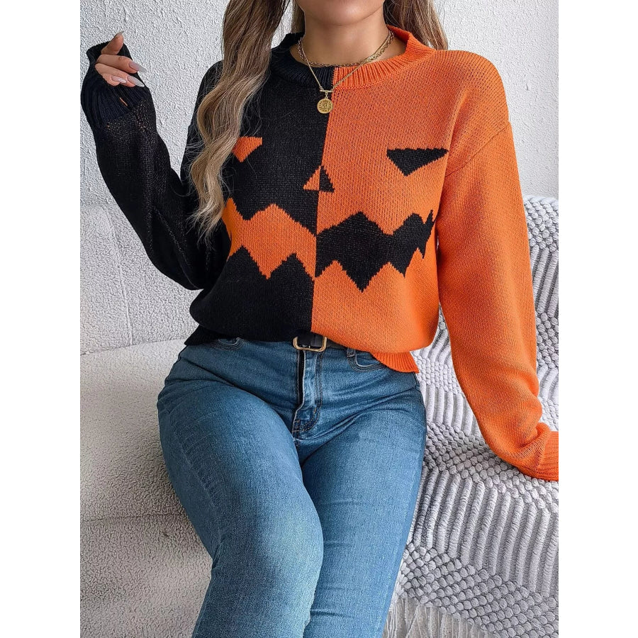 Pumpkin Face Graphic Two Tone Sweater Apparel and Accessories