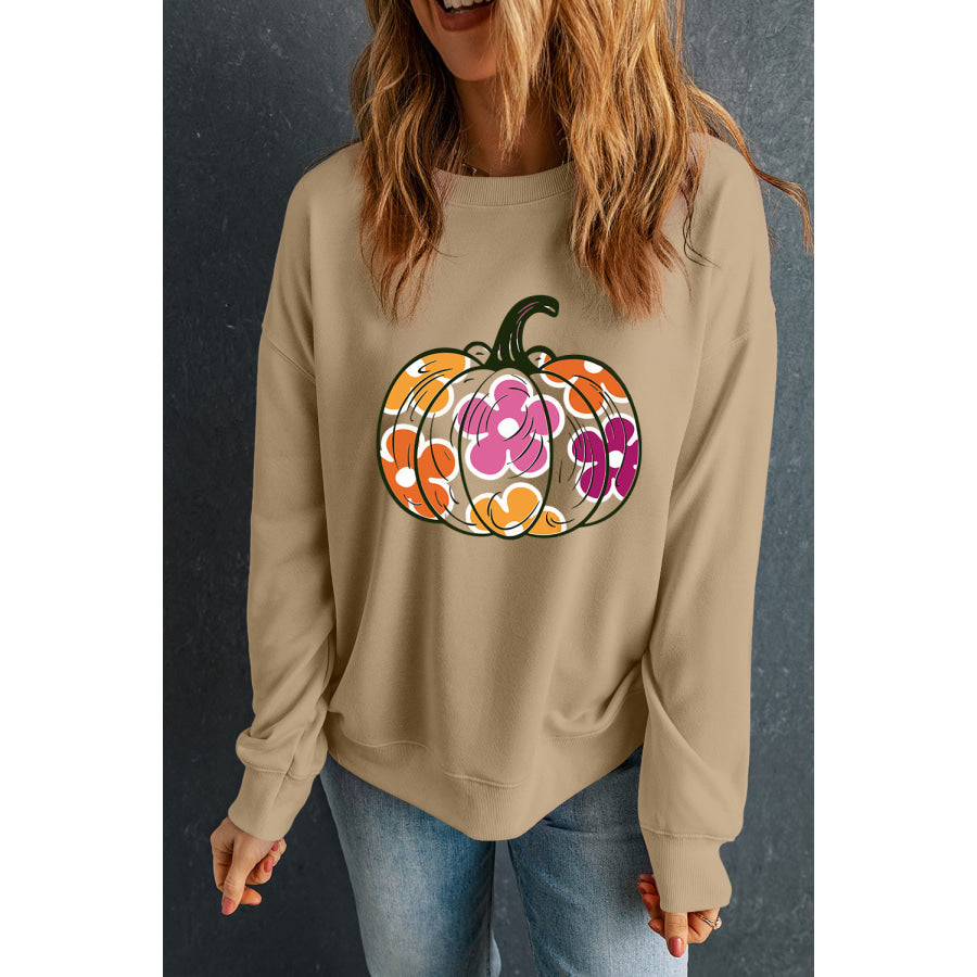 Pumpkin &amp; Flower Graphic Long Sleeve Sweatshirt Khaki / S Apparel and Accessories