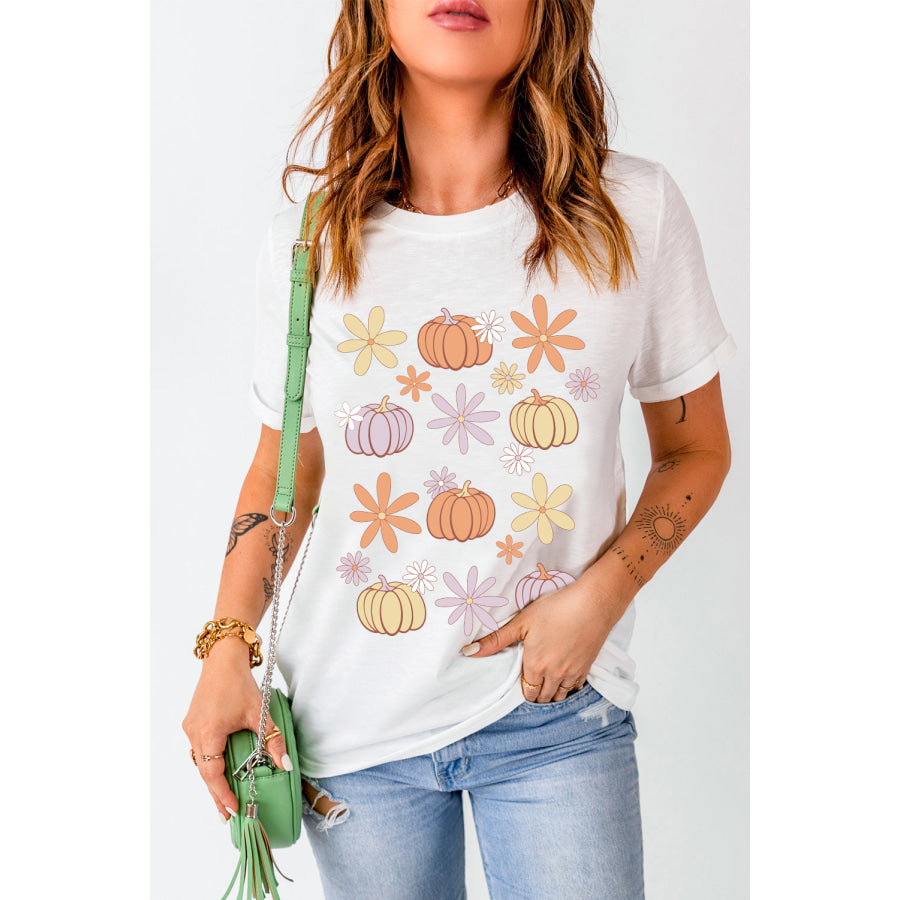 Pumpkin &amp; Flower Round Neck Short Sleeve T-Shirt Apparel and Accessories