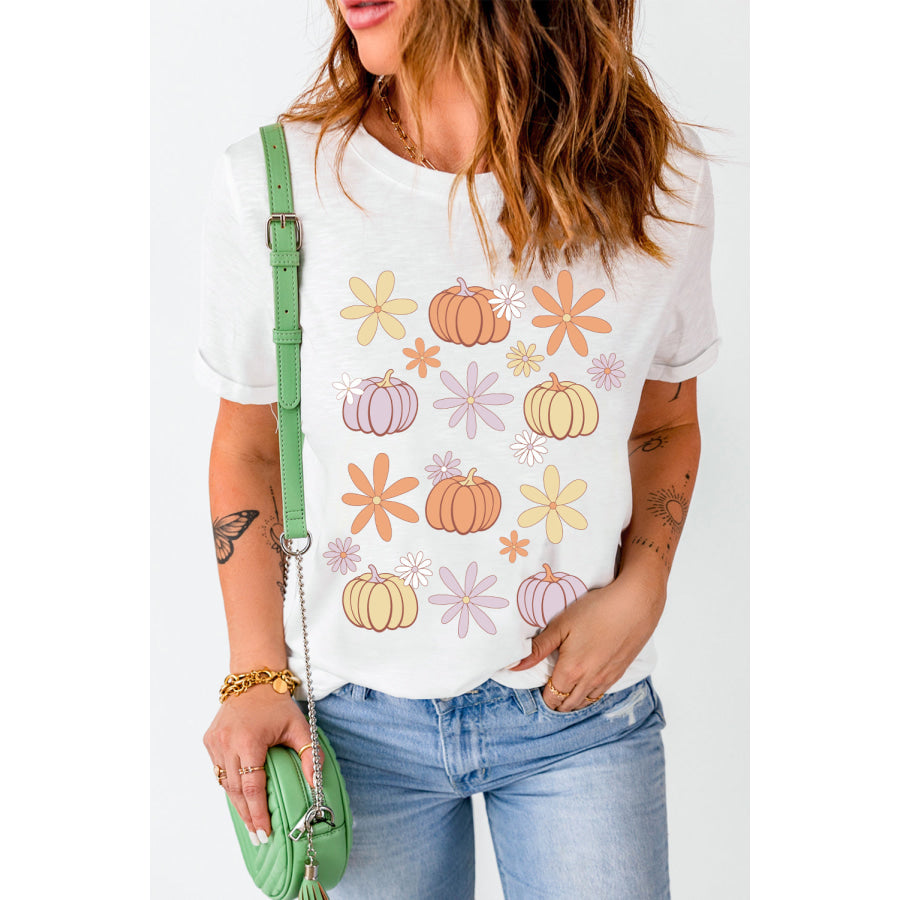 Pumpkin &amp; Flower Round Neck Short Sleeve T-Shirt Apparel and Accessories