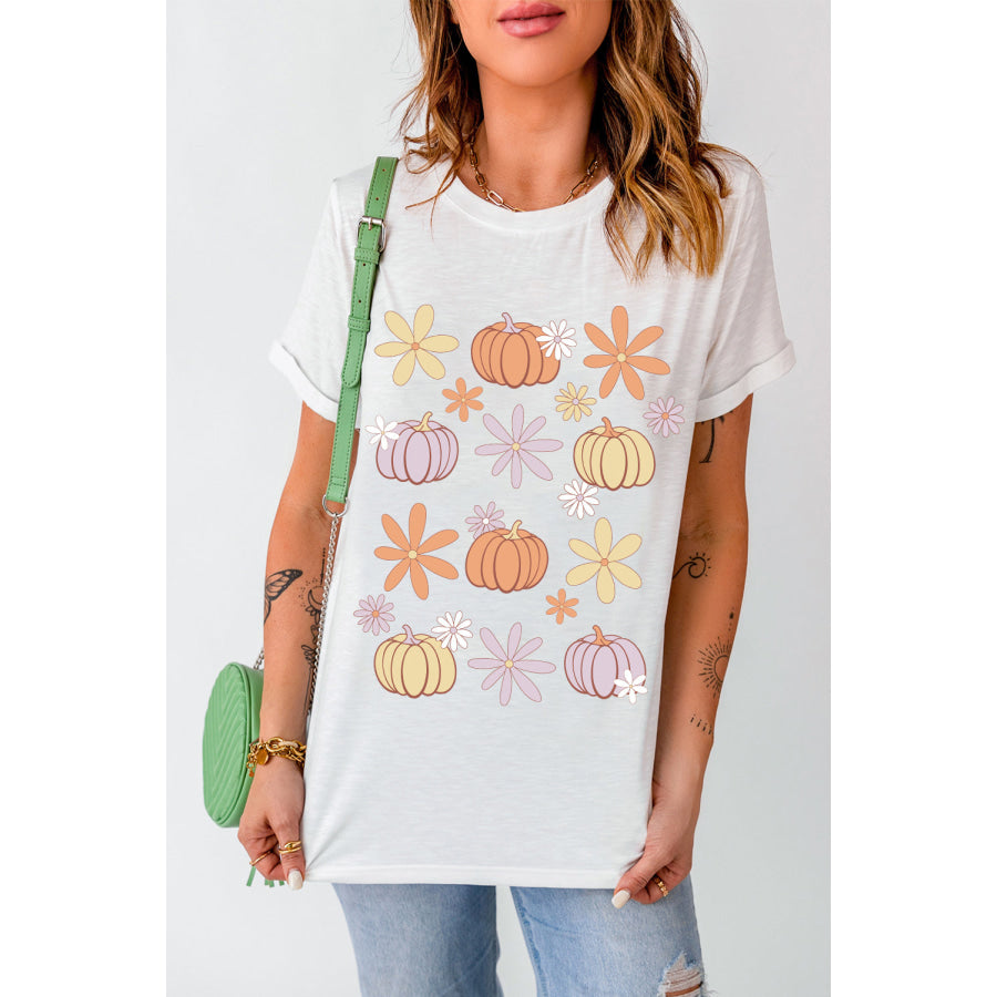 Pumpkin &amp; Flower Round Neck Short Sleeve T-Shirt White / S Apparel and Accessories