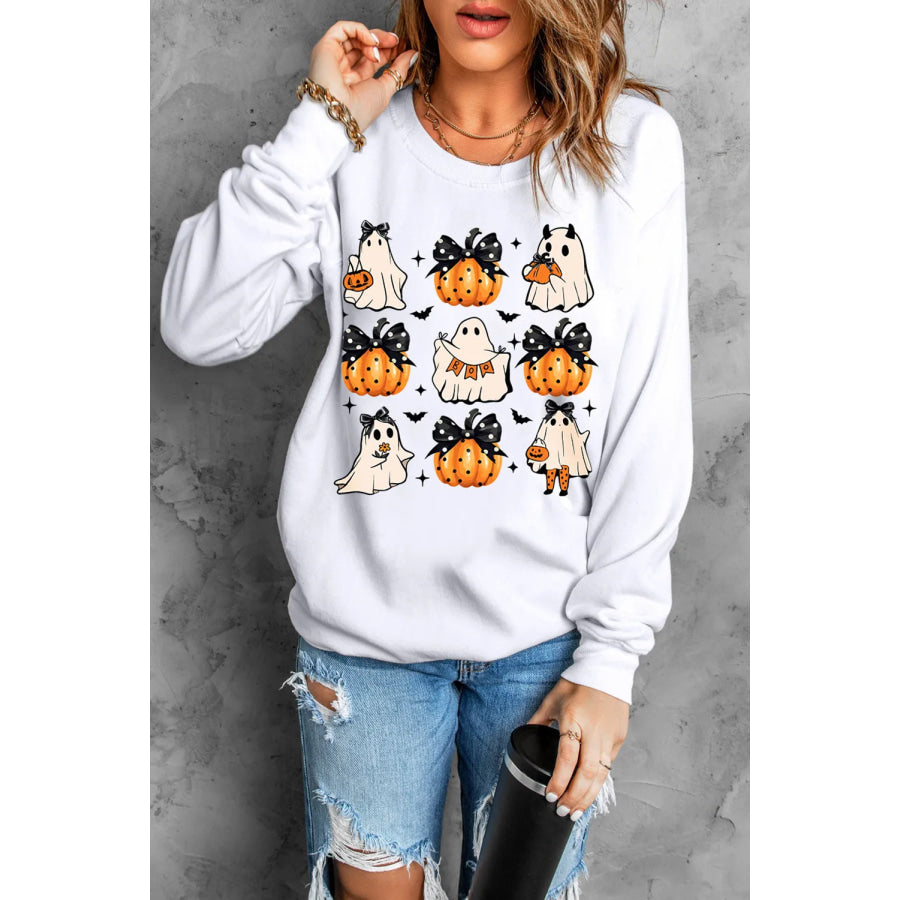 Pumpkin &amp; Ghost Round Neck Long Sleeve Sweatshirt Apparel and Accessories