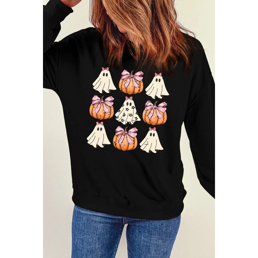 Pumpkin & Ghost Round Neck Long Sleeve Sweatshirt Black / S Apparel and Accessories