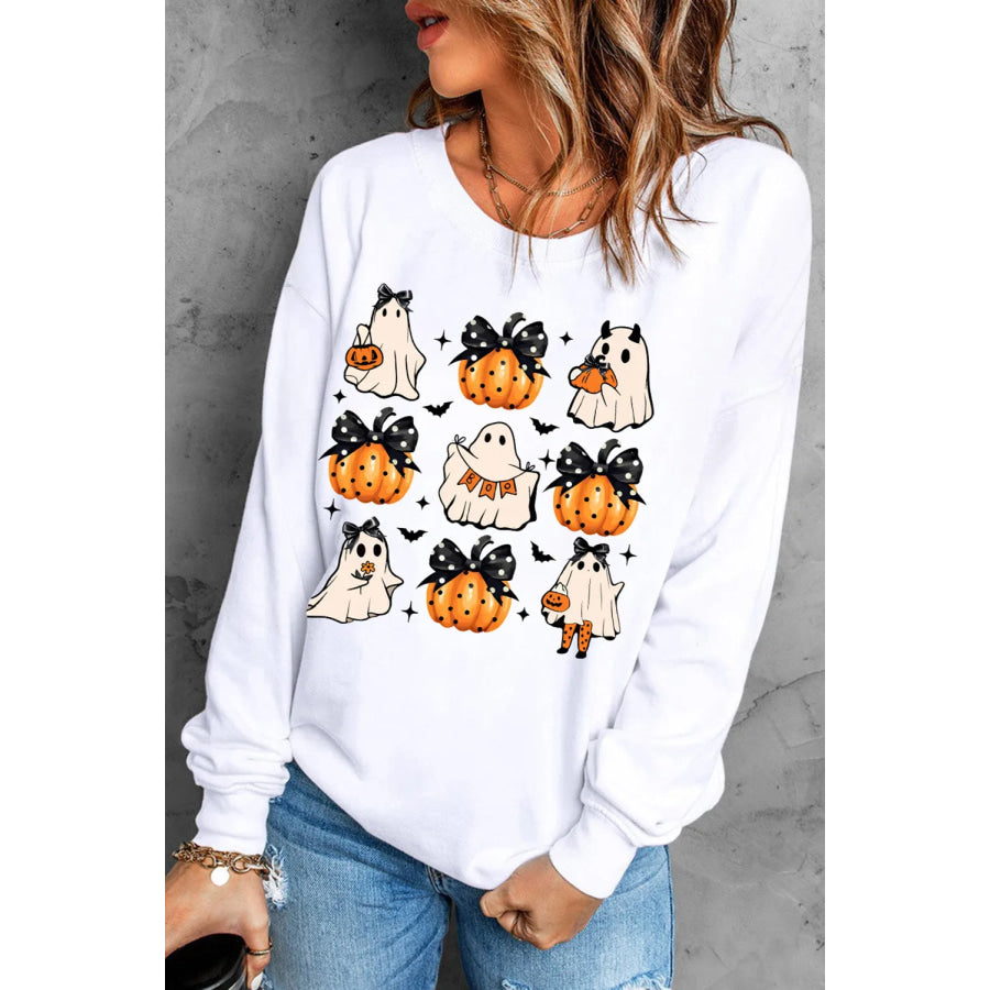 Pumpkin & Ghost Round Neck Long Sleeve Sweatshirt White / S Apparel and Accessories