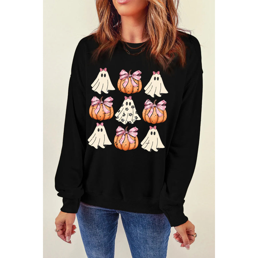 Pumpkin &amp; Ghost Round Neck Long Sleeve Sweatshirt Black / S Apparel and Accessories