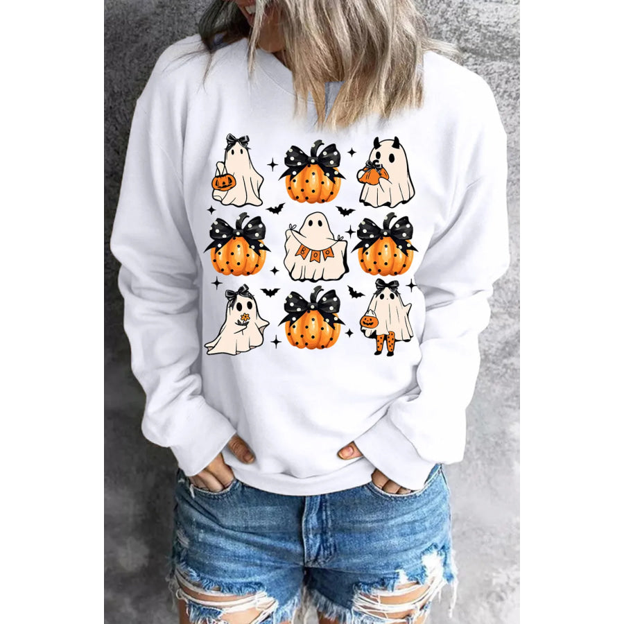 Pumpkin &amp; Ghost Round Neck Long Sleeve Sweatshirt White / S Apparel and Accessories