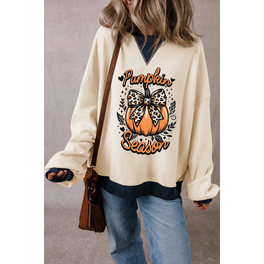 Pumpkin Graphic Long Sleeve Sweatshirt Cream / S Apparel and Accessories