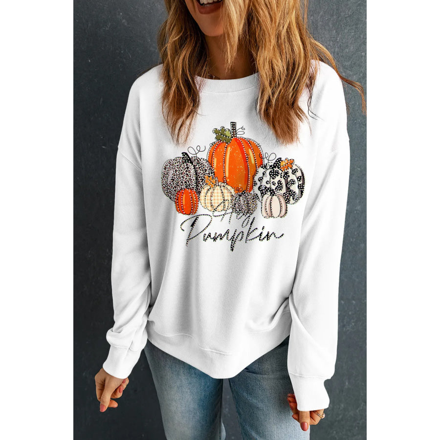 Pumpkin Graphic Round Neck Dropped Shoulder Sweatshirt Apparel and Accessories