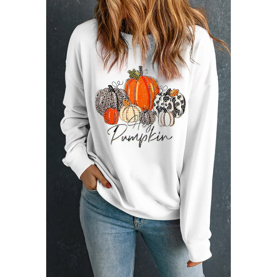 Pumpkin Graphic Round Neck Dropped Shoulder Sweatshirt White / S Apparel and Accessories