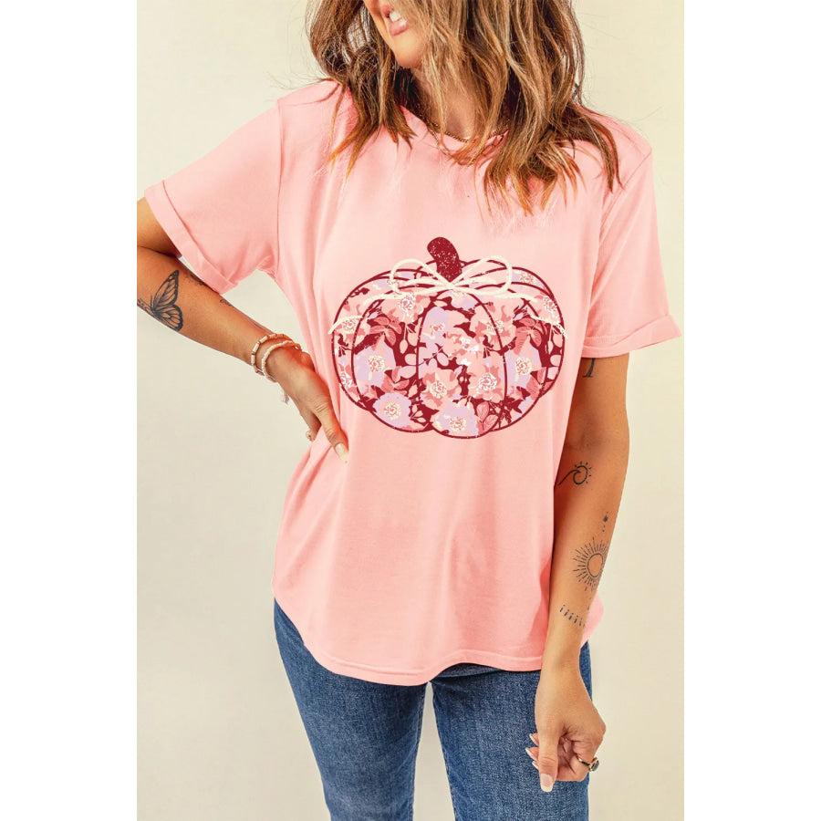 Pumpkin Graphic Round Neck Long Sleeve T-Shirt Blush Pink / S Apparel and Accessories