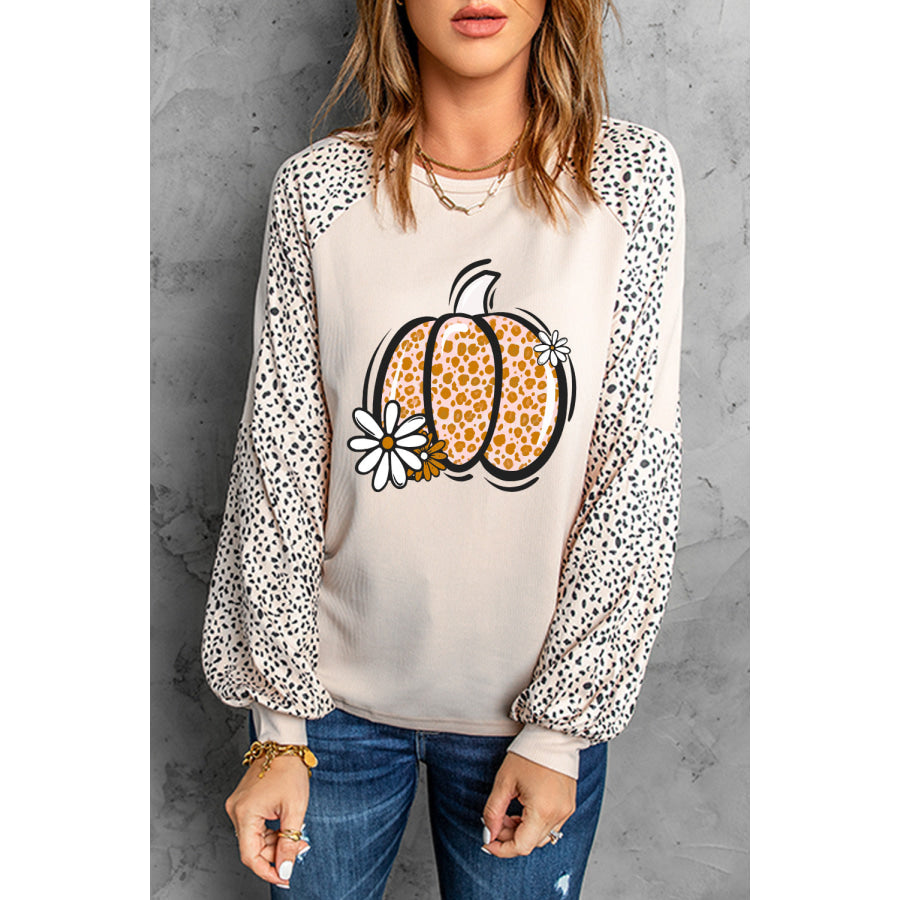 Pumpkin Graphic Round Neck Long Sleeve Top Eggshell / S Apparel and Accessories